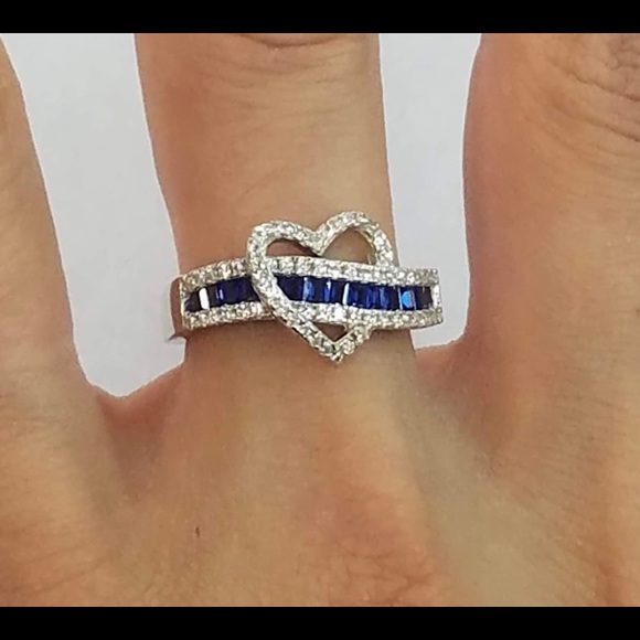Sterling Silver Exotic Heart Blue Sapphire CZ Ring - Picture 2 of 5